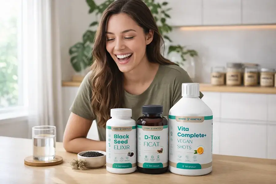 Femeie zâmbitoare cu suplimente nutritive.
