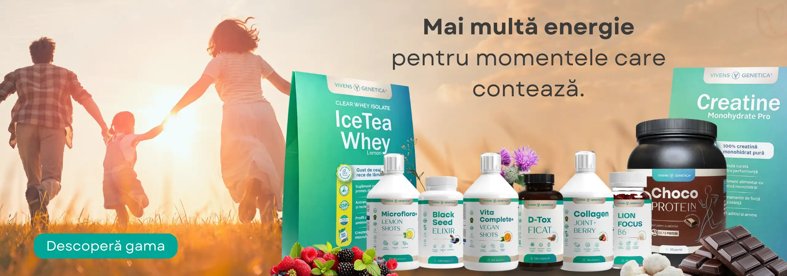 familie alergând pe câmp și gama completă de suplimente Vivens Genetica pe Mâna Naturii
